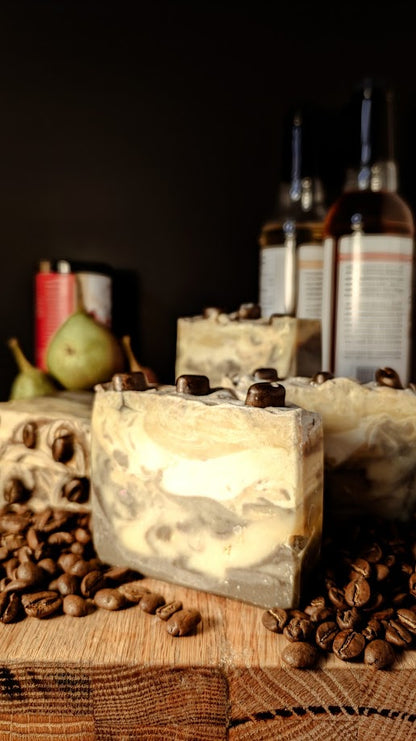 Cafe Latte Soap on display with coffee beans