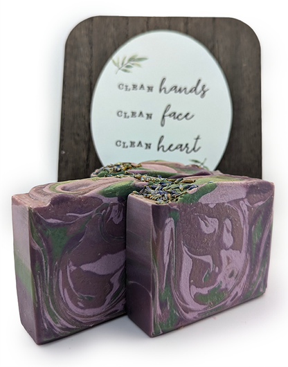 Two Fresh Lavender Soaps with Sign in the background